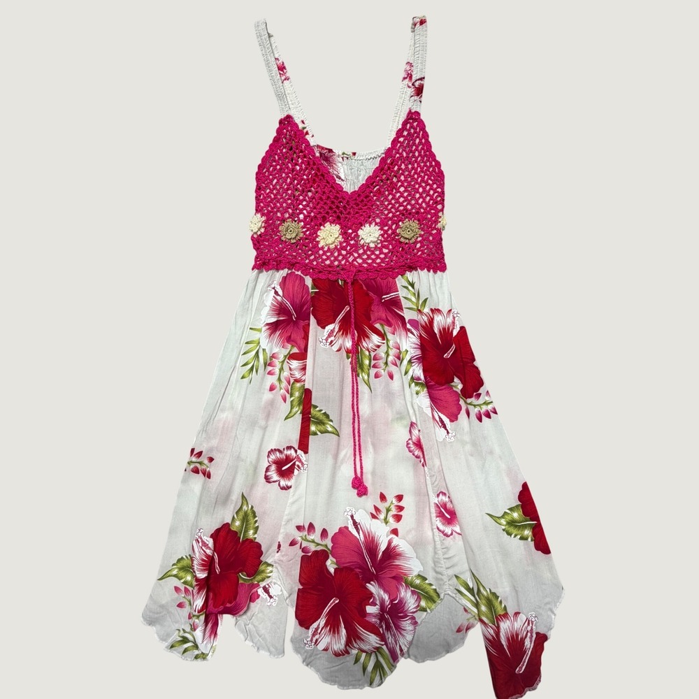 Hibiscus Floral Crochet Handkerchief Hem Sundress White‎ Red Pink Smocked